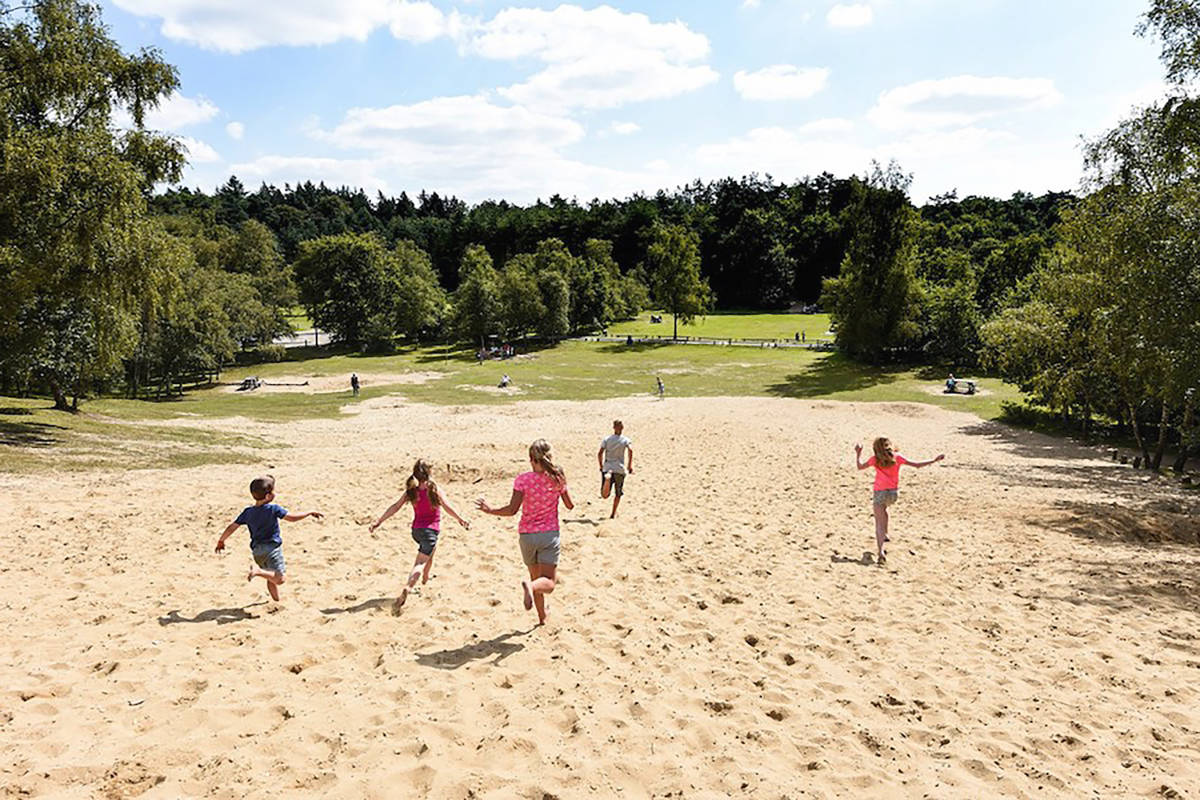 Kinderen rennen van een zandheuvel bij het Doornse Gat